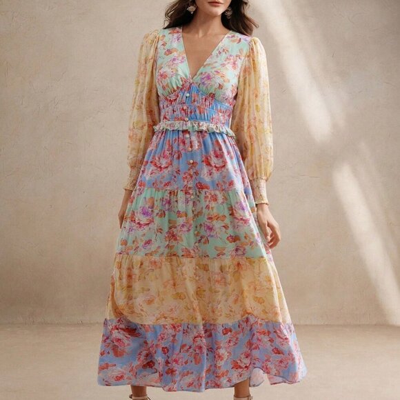 Blue Boho Women's V-Neck Lantern Sleeve A-Line Patchwork Dress - Picture 4 of 7